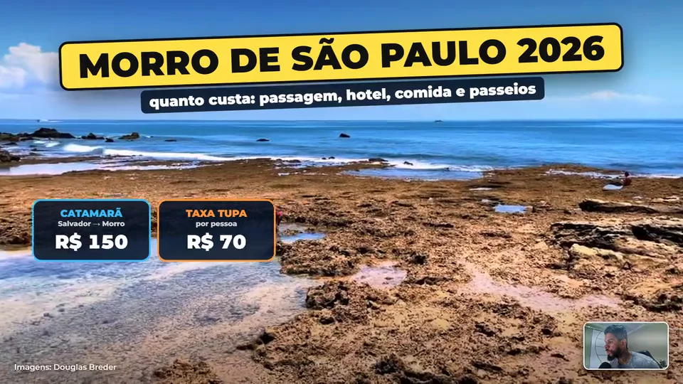 Frame do vídeo de Morro de São Paulo, com cenas da praia e informações da viagem